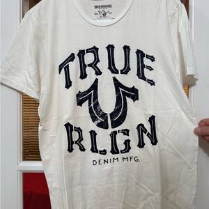 True Religion Cream and Black Logo Tee